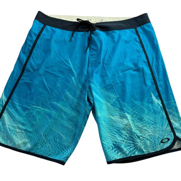 OAKLEY Swim Trunks Board Shorts Size Men's 40.Blue Black. Ocean Theme